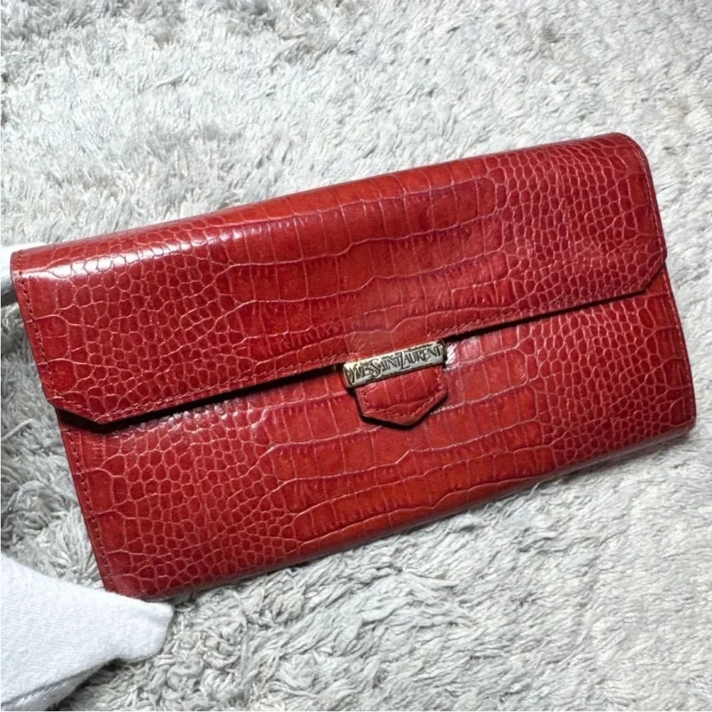 Yves Saint Laurent Red Embossed Leather Wallet - Picture 2 of 13